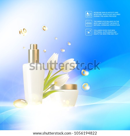 Jar of cream on blue background with shining bio essence bubbles. Moisturizer with Vitmins and Regenerate Cream. Vector illustration.