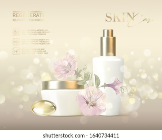 Jar of cream on bokeh background and flowers of bluebell. Regenerate face cream and Vitamin complex concept. Moisturizer with Vitamins and Regenerate Cream. Vector illustration
