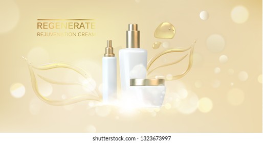 Jar of cream on golden background with golden jel in form of leaf. Vector illustration.