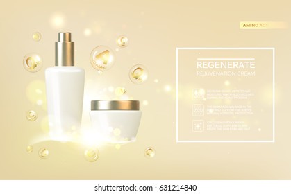 Jar of cream on golden background. Regenerate face cream and Vitamin complex concept. Moisturizer with Vitamins and Regenerate Cream. Vector illustration.