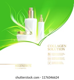 Jar of cream on green background. Shining bio essence bottle. Moisturizer with Vitmins and Regenerate Cream. Vector illustration.