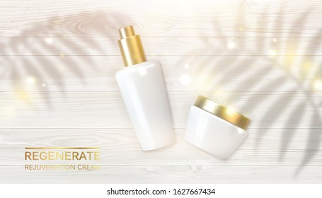 Jar of cream on wooden background and shadows of palm leaves. Regenerate face cream and Vitamin complex concept. Moisturizer with Vitamins and Regenerate Cream. Vector illustration.