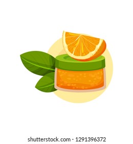 Jar of cream, slice of orange and two green leaves. Natural cosmetic for skin care. Organic product. Flat vector icon