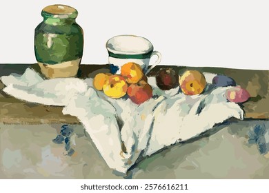 Cezanne’s Jar, Cup, and Apples border, post-impressionist landscape painting, Cezanne fruit impressionist oil painting vector. Vintage art drawing illustration, old painting art print of fruit food.