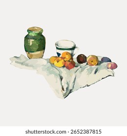 Cezanne’s Jar, Cup, and Apples sticker, still life painting, vector element. Vintage hand drawn food illustration, antique drawing, vector. Vintage fruit illustration vector.