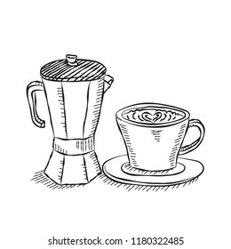 Jar and Cup of Coffee isolated on white background - Hand drawn Vector in doodle style.