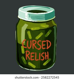 A jar of cursed relish, dark green and emitting toxic vapors. Perfect for gothic branding, dark designs, and spooky game elements.