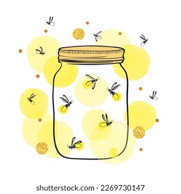 Jar with cute fireflies. Hand drawn vector romantic illustration