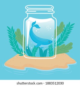jar cute tiny whale water on island sand ocean cartoon vector illustration