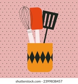 Jar with cutlery. Spatula and whisk in holder. Kitchen utensils, kitchenware for cooking and baking. Flat vector illustration. Trendy abstract style. Scandinavian design.