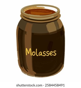 A jar of dark molasses with a rich, thick consistency. Ideal for dessert creation, baking, and gourmet packaging.