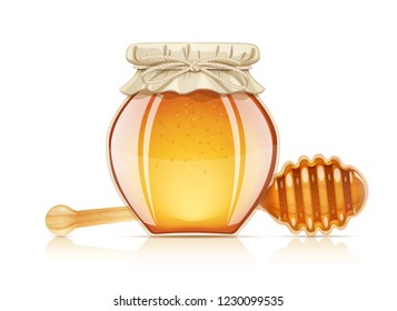 Jar and dipper for honey. Glass can for preservation liquid food. Utensil for sweetness. Natural healthy eat. Isolated white background. EPS10 vector illustration.