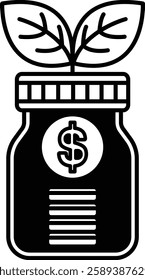 A jar with a dollar sign on it and a plant growing out of it