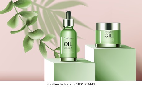 A jar and a dropper bottle with essential eucalyptus oil on podiums. Place for text. Twig and palm three leaf. Realistic. 3D Mockup Vector