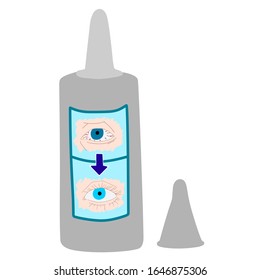 Jar with drops for the eyes. Help with eyesight. Pharmaceutical and narcotic drug. Color flat vector illustration.