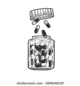 jar of drug pills sketch engraving vector illustration. T-shirt apparel print design. Scratch board imitation. Black and white hand drawn image.