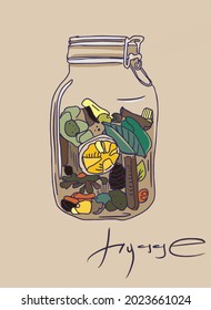 jar with dry seasonings, pine cones and fruits illustration Hygge