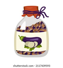 Jar de berenjenas, preservación de verduras, preparación para el invierno. Productos útiles y sabrosos, comida saludable. Ilustración plana del vector