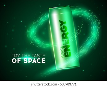 Jar energy drink in space. Fireflies fly around the package. Ads template, design bottle. 3D vector illustration