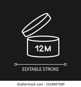 Jar with expiry date white linear icon for dark theme. Skin care products shelf life. Beauty products. Thin line illustration. Isolated symbol for night mode. Editable stroke. Arial font used