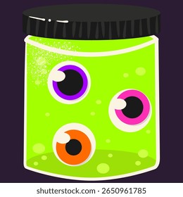 Jar with eyeballs for Halloween. Doodle style spooky jar filled with green liquid. Isolated vector illustration.