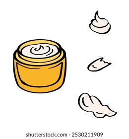 jarra de creme de rosto com três dollops de creme. Ilustração de contorno de cor vetorial para cosméticos, design de embalagem de beleza, cartazes, receitas, corpo saudável e cuidados
