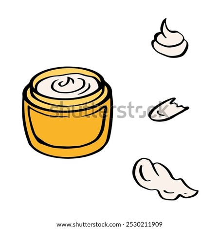 jar of face cream with three dollops of cream. Vector color outline illustration for cosmetics, beauty packaging design, posters, recipes, healthy body and care