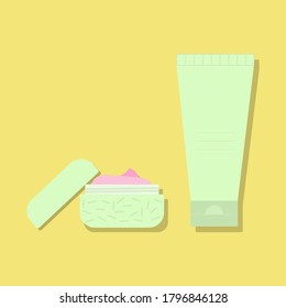 jar of face cream and toner, skin care beauty product, article and magazine illustration