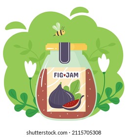 A jar of fig jam on a green background. In the background are white flowers, leaves and a bee. Vector isolated image.