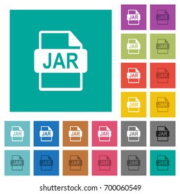JAR file format multi colored flat icons on plain square backgrounds. Included white and darker icon variations for hover or active effects.