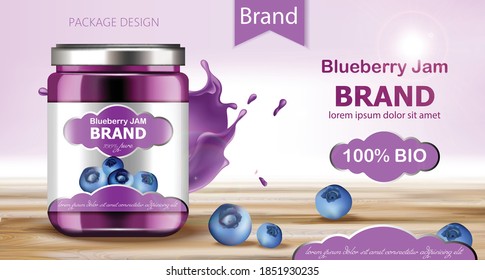 Jar filled with BIO jam surrounded by blueberries and flowing liquid. Place for text. Realistic 3D mockup product placement. Vector