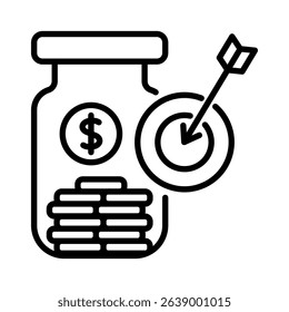Jar filled with coins and a target with an arrow, great for financial goals, savings, investment, business concept designs.