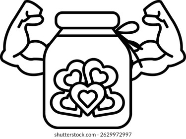 A jar filled with hearts is shown with a man's arms raised in the air. Concept of strength and positivity