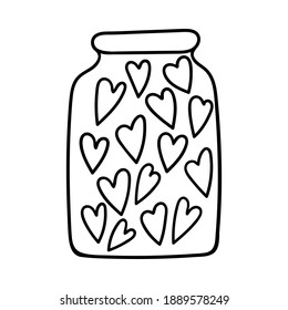 A jar filled with hearts. Simple decorative design element. The outline illustration is hand-drawn, isolated on a white background. Black white vector