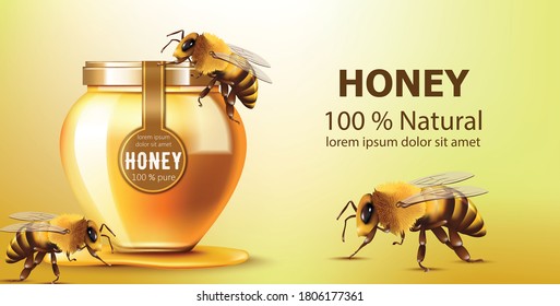Jar filled with honey surrounded by bees. Natural product. With place for text. Realistic. Vector