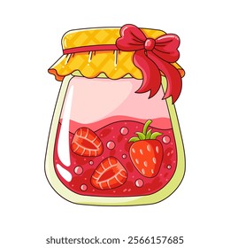 Jar filled with strawberry jam and whole strawberries, depicted in a cute cartoon style