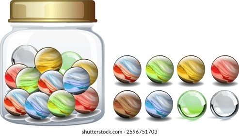 A jar filled with vibrant, multicolored marbles
