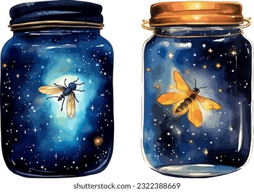 Jar of fireflies clipart, isolated vector illustration.