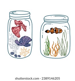 jar with fish and algae vector icon.