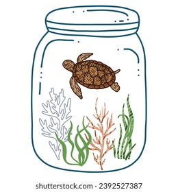 frasco con icono vector de peces y algas.