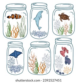 frasco con icono vector de peces y algas.