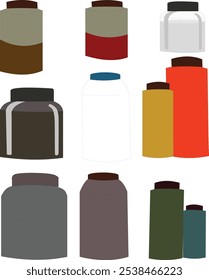 Conjunto de iconos planos de tarro. colección colorida de la Ilustración vectorial de la lata y la botella