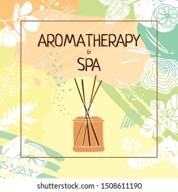 Jar with flavored sticks on a pastel background surrounded by flowers, fruits, plants from which essential oils are made. Packaging design for air fresheners, banner, card. Cartoon Vector illustration