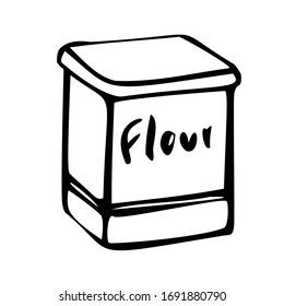 Jar con harina. Ilustración vectorial en blanco y negro. Dibujado a mano. Aislado sobre un fondo blanco.