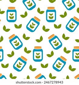Jar of flower fertilizer seamless pattern. Gardening concept