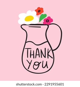 Jar with flowers. Thank you. Hand drawn illustration on pink background.