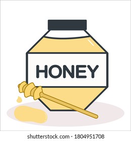 A jar of fresh flower honey with a wooden honey stick and honey drops beside