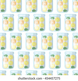 Jar with fresh juice seamless pattern. Kitchen vector background