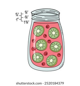 Jar with fruit jam. Canning and preserving process. Ensure proper amount of open space from top of jar down to contents. Colorful hand drawn vector illustration.