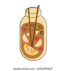Frasco de soco de fruta com fatias e bagas. Design vetorial.